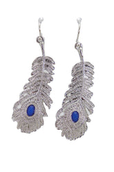 Rhinestone & Blue Bead Peacock Feather Earrings
